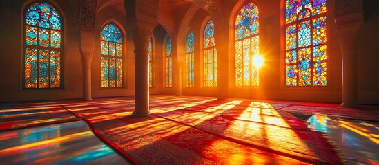 Obraz premium Vibrant sunlight streaming through stained glass windows in a serene mosque interior