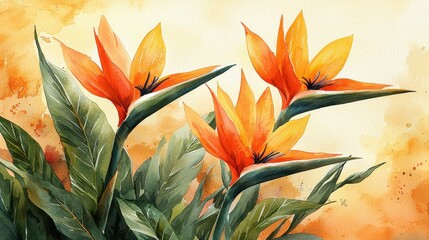 Fototapeta premium Vibrant watercolor illustration of tropical flowers with lush green leaves.