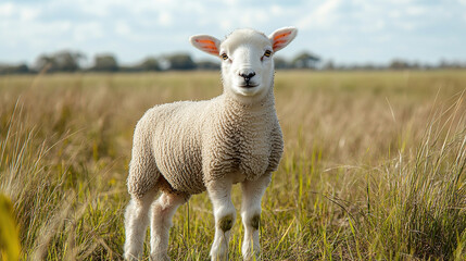 Fototapeta premium A sheep in its natural habitat, set against a rolling countryside or pasture backdrop that evokes tranquillity and connection to nature.