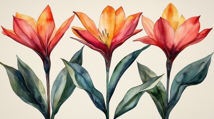 Three vibrant watercolor flowers with lush leaves on a soft background.