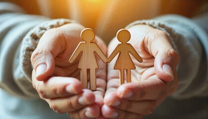 Close-up of hands holding a wooden family cutout in warm light