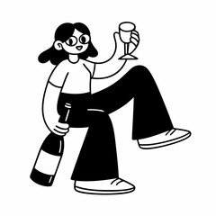 Fototapeta premium Cartoon Character Holding a Bottle and Glass of Wine in Playful Pose