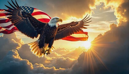 Obraz premium Eagle carrying American flag through a glowing sky symbolizing liberty and strength