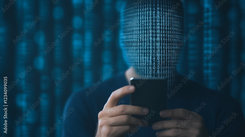 Poster masked hacker: a mysterious figure, their face obscured by a digital mask, holds a smartphone agains