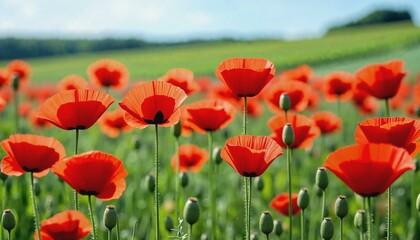 Vibrant red poppies blooming in a lush green field under a clear sky