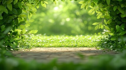 Fototapeta premium Bright Sunlight Illuminates Lush Green Pathway Through