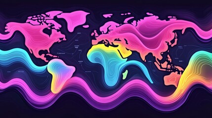 Global Financial Data Flow Visualization , Vibrant Line Graphs on World Map Illustration