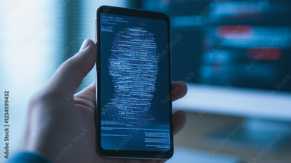 Poster fingerprint security: a close-up of a hand holding a smartphone with a digital fingerprint icon on t
