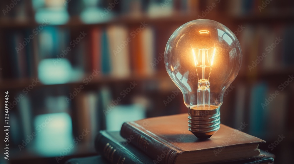 Aufkleber a glowing light bulb rests on stacked books, symbolizing knowledge and creativity against a blurred 