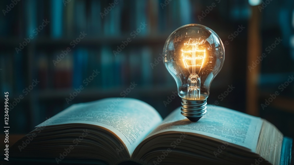 Poster a glowing light bulb sits atop an open book, symbolizing knowledge and inspiration in a dimly lit li