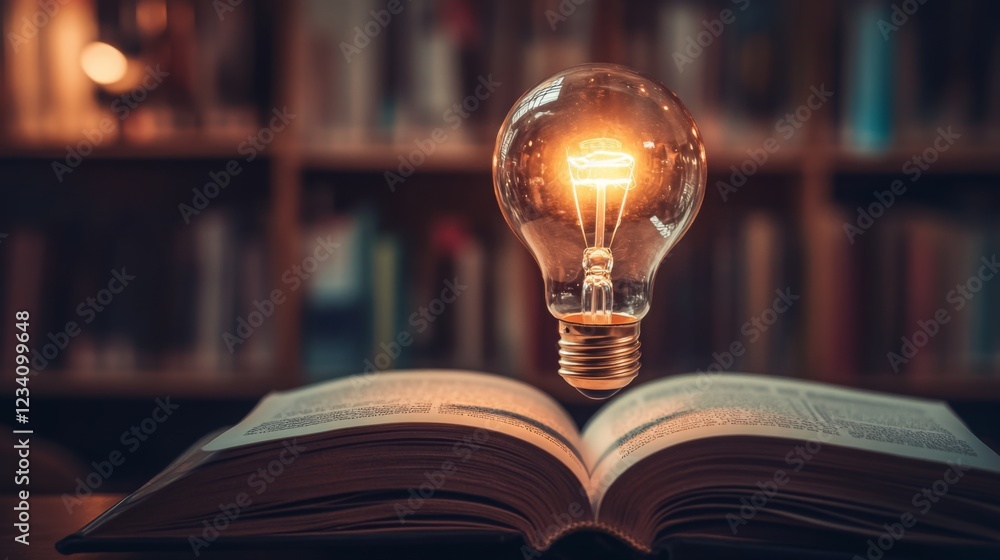 Poster a glowing light bulb hovers above an open book, symbolizing ideas and knowledge, set against a warm 