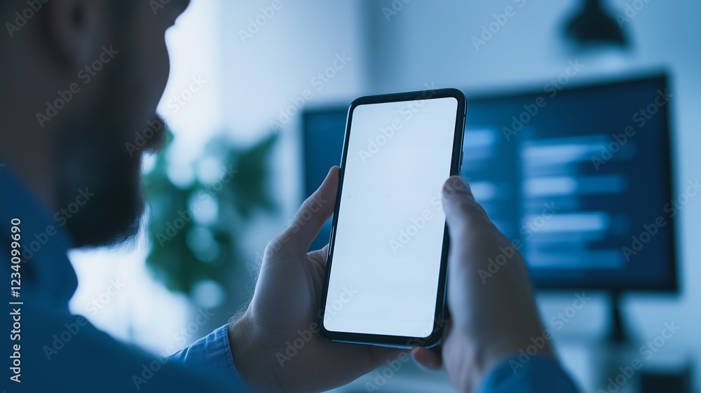 Poster mobile mockup: man reviewing app on smartphone with blank screen. the image shows a man from behind,