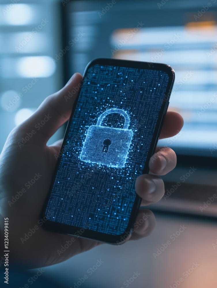 Poster digital security: a hand holds a smartphone displaying a glowing digital padlock, symbolizing online
