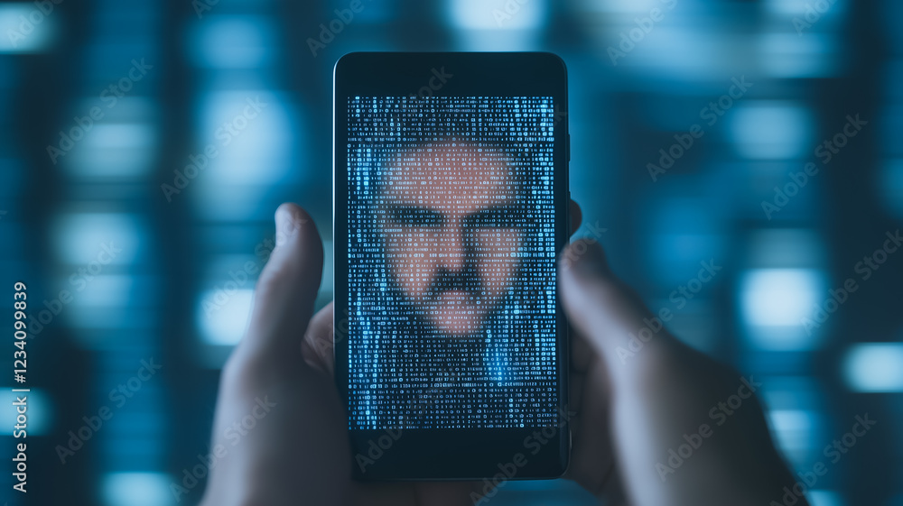 Poster digital identity: a close-up of hands holding a smartphone displaying a digital face, a mesmerizing 
