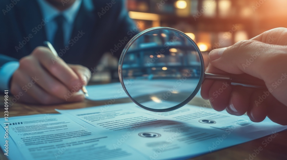Aufkleber A close-up view of a person examining a document with a magnifying glass, while another individual writes in the background, suggesting scrutiny and attention to detail.