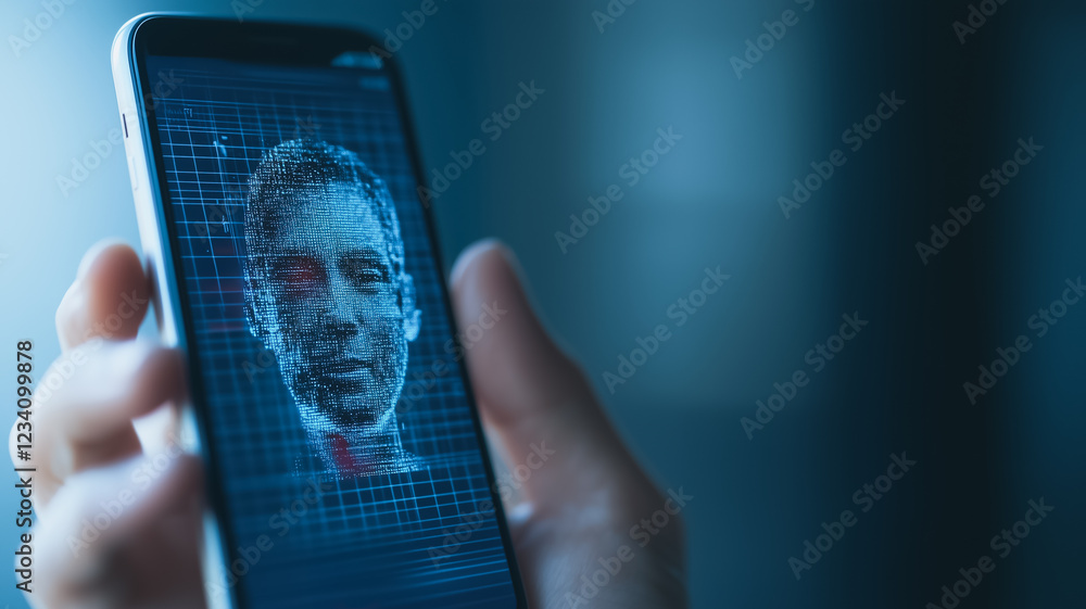 Aufkleber face recognition technology: a person's face is displayed on a smartphone screen, emphasizing the te