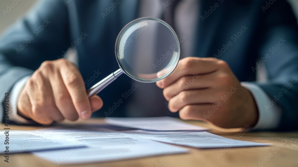 Aufkleber A professional examining documents with a magnifying glass, highlighting attention to detail and analysis in a business context.