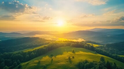 Fototapeta premium Golden Hour Panorama: Serene Sunset over Rolling Hills
