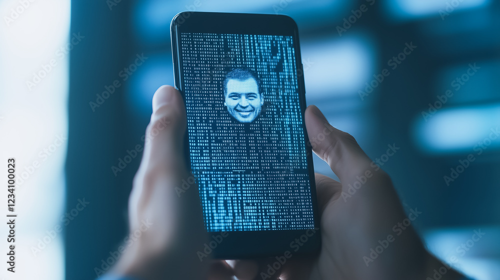 Poster digital face recognition: a close-up shot of hands holding a smartphone displaying a face superimpos