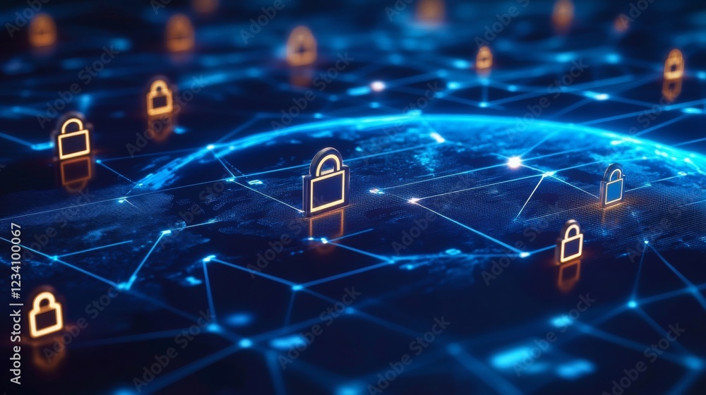 Poster A digital network featuring glowing padlocks symbolizes cybersecurity and data protection in a high-tech environment.