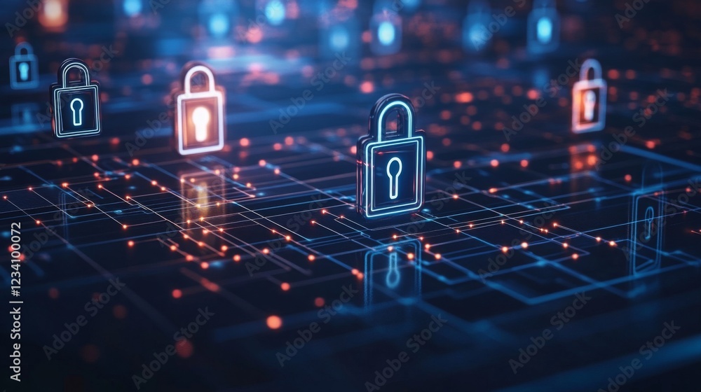 Aufkleber A digital representation of secure locks on a network, symbolizing cybersecurity and data protection.