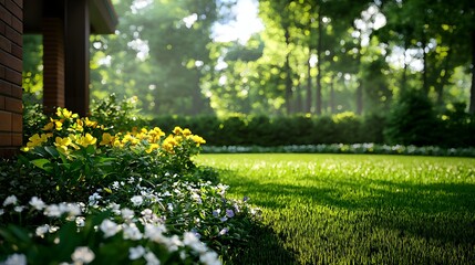 Fototapeta premium Bright Sunlight on Lush Green Garden with Yellow and White
