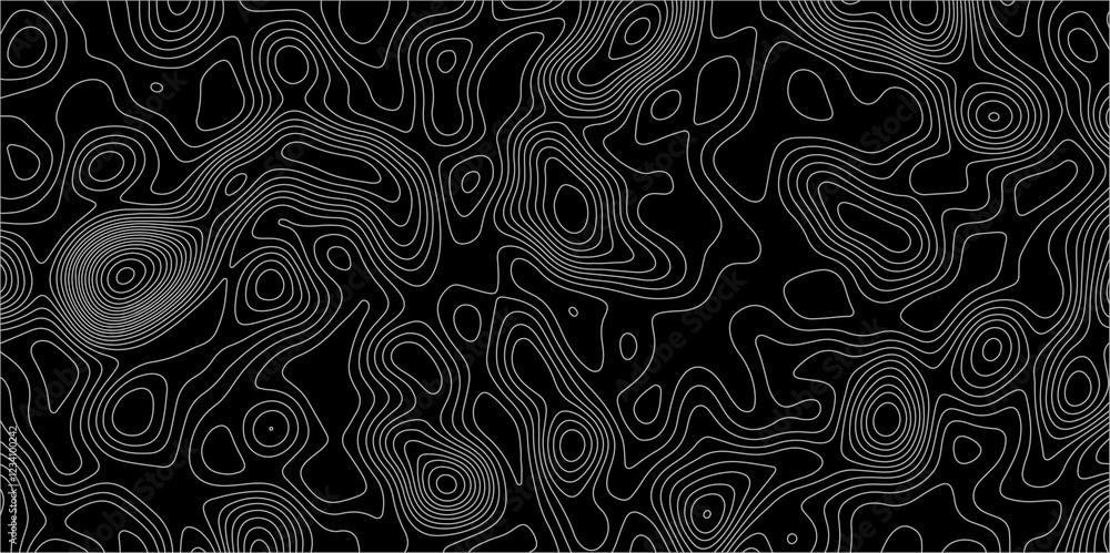 Poster abstract white on black background with topographic line map pattern. abstract wavy and curved lines