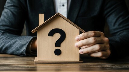 A person holds a wooden house model with a question mark, symbolizing uncertainty or inquiry about real estate or housing decisions.