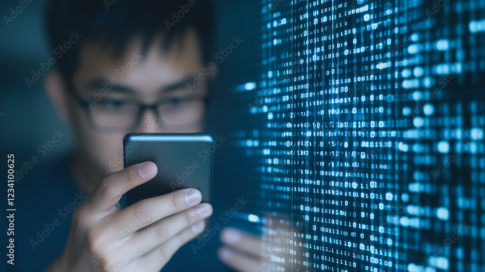 Poster digital nomad: focused young man using smartphone against a backdrop of flowing digital code. the im