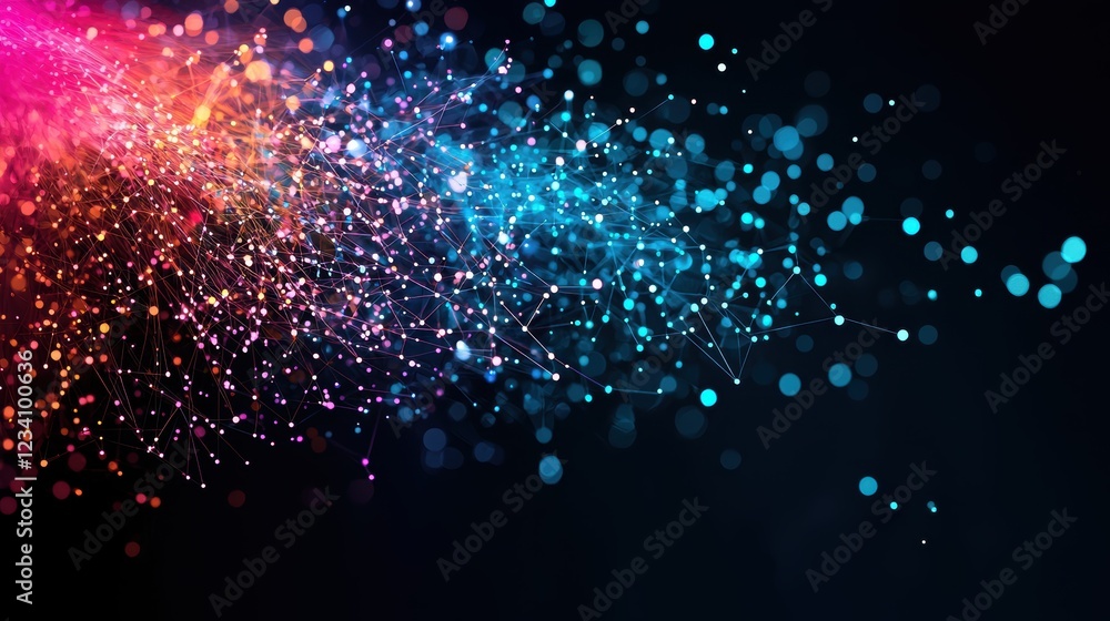 Poster social network world map with colorful dots representing users connected by lines, dark background, 