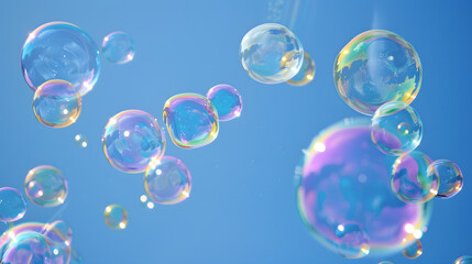 Floating Colorful Soap Bubbles on Blue Sky Background
