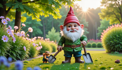 Cheerful gnome gardening in magical morning setting, whimsical fantasy