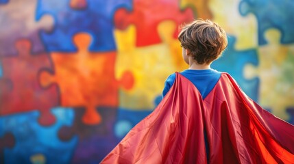 A young child in a superhero cape stands before a colorful puzzle wall, embodying imagination and creativity.