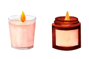Pink candle in a glass cup and a candle in a brown glass jar with a kraft paper label, watercolor set. For creating a cozy, relaxing spa-like ambiance, ideal for home decor, branding, and packaging."