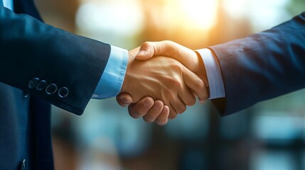 Two businessmen are shaking hands in a professional setting, symbolizing agreement and cooperation.