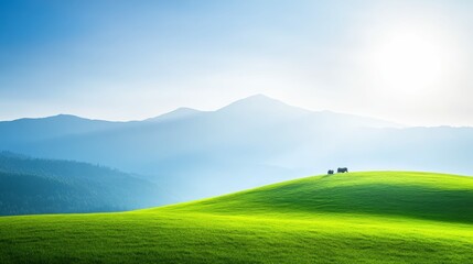 Tranquil countryside landscape with green hills and distant mountains at sunrise