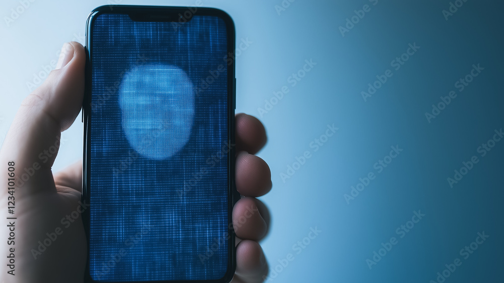 Poster fingerprint security on smartphone: a hand holds a smartphone with a fingerprint scanner on the scre