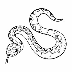 Stylized Snake with Geometric Patterns and Intricate Scales in Line Art