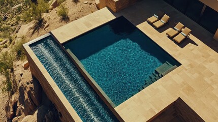 Desert luxury poolside view; sun loungers, modern architecture