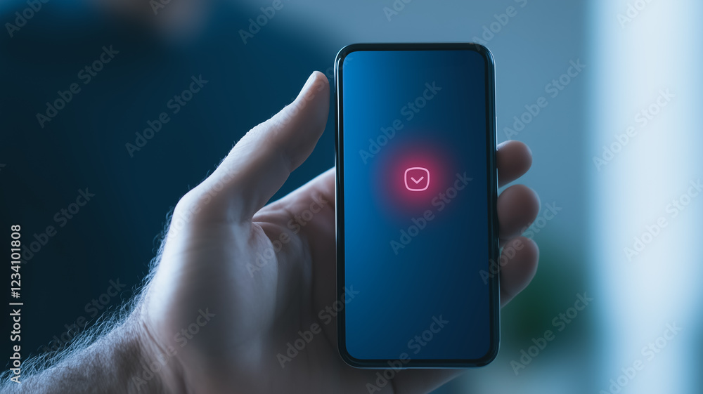 Poster smartphone security alert: a hand holds a smartphone displaying a red security alert icon, symbolizi