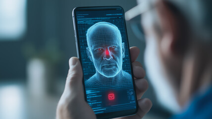 Facial Recognition on Smartphone: A person's hand holds a smartphone displaying a 3D facial scan, highlighting advanced biometric security technology.