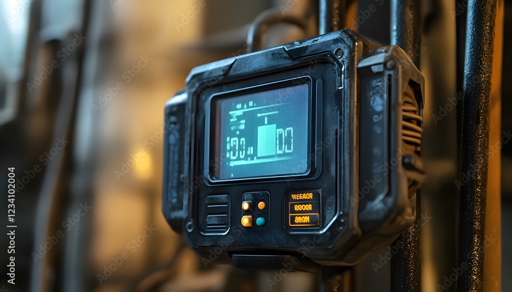 Poster a close-up of a modern digital display and control unit, showcasing advanced technology and precisio