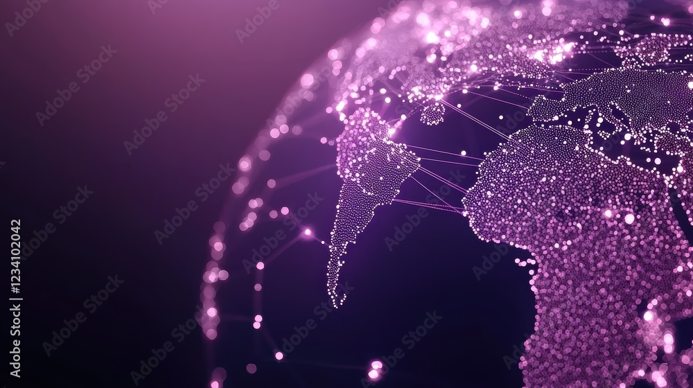 Poster global network connections dark blue world map with glowing interconnected lines and dots, represent