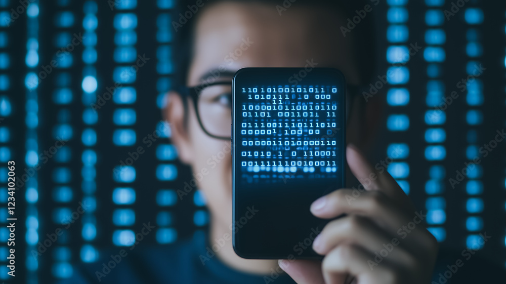 Poster digital enigma: a close-up shot of a person holding a smartphone displaying a stream of complex code
