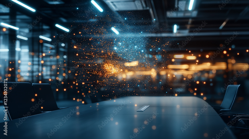 Poster data-driven decisions: a futuristic concept depicting a modern office space with data particles swir