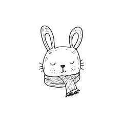 Cute doodle cartoon of a little bunny head wearing a scarf vector illustration.
