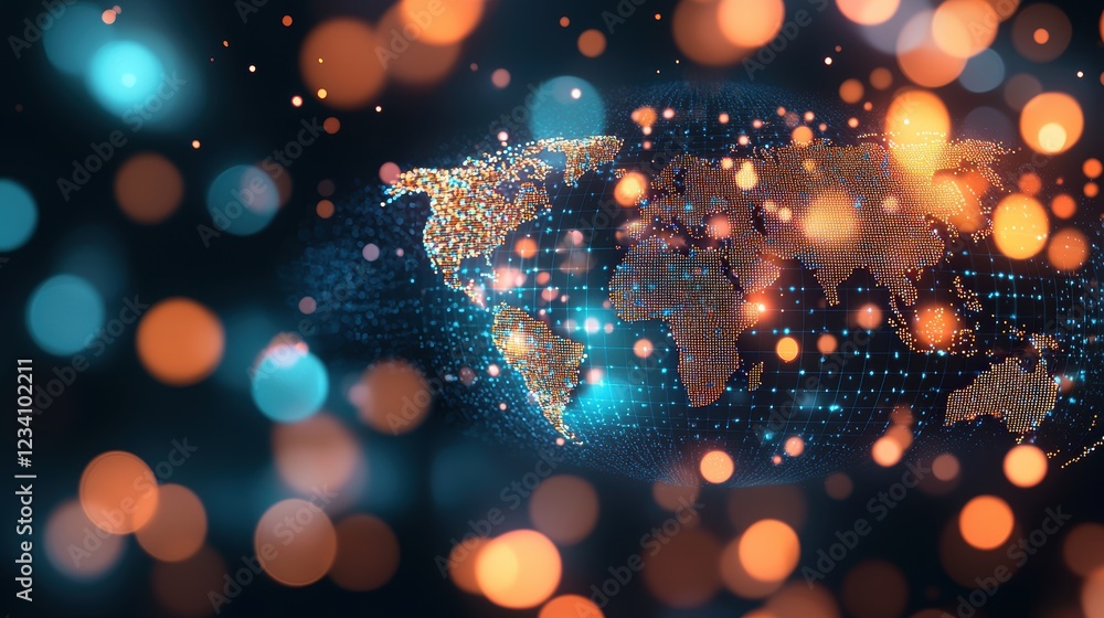 Poster technology and data visualization 3d world map with digital grids and data points, representing glob