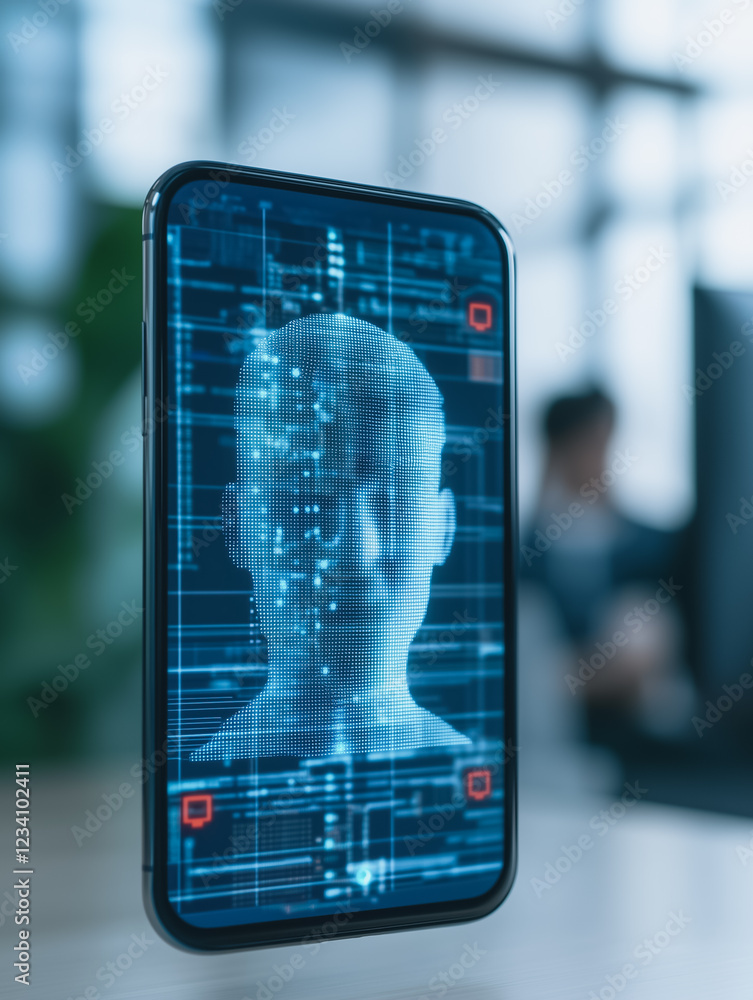 Poster digital face recognition on smartphone: futuristic biometric security interface displayed on a smart