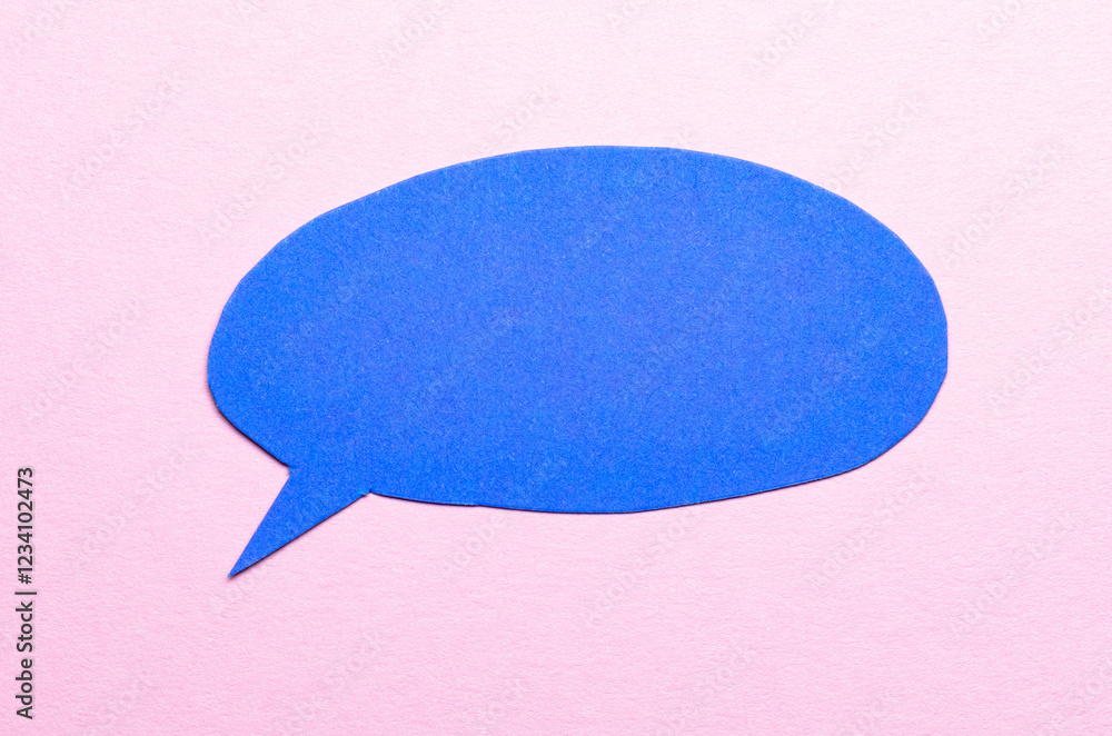 Poster blue cut out blank paper speech bubble of round shape with copy space for text on pink background, f
