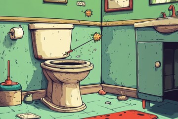 Cartoon virus being flushed down a toilet